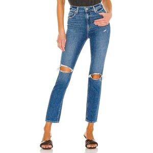 Paige Sarah Slim Distressed Knee Straight Leg High Rise Mid Wash Jeans Size 27